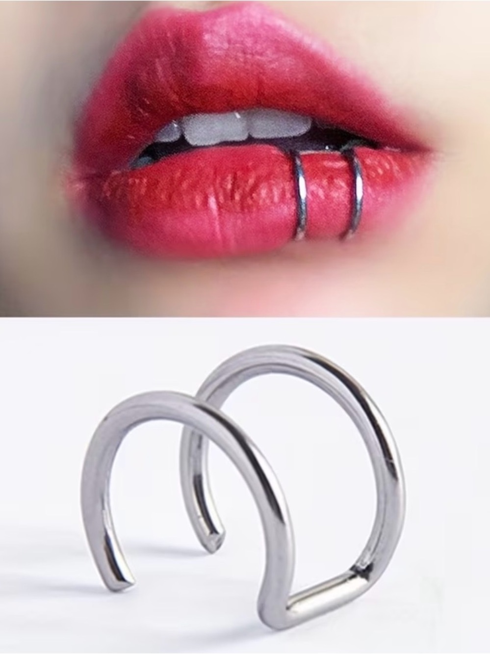Double Lip Hoop Ring in Silver - Sleek Double Band Lip Jewelry